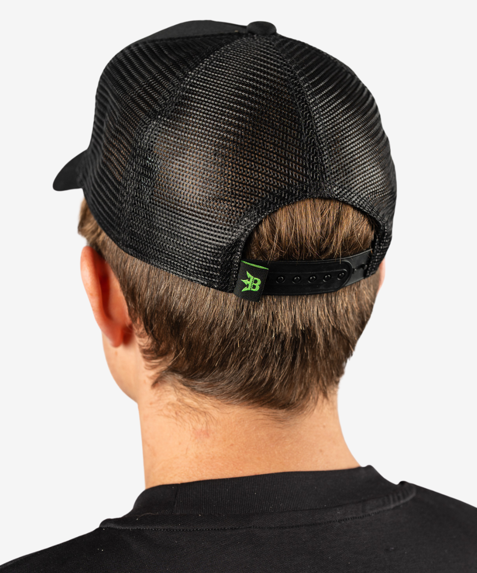 Born Maniac Trucker Cap, unisex black cap with black logo, made with a wool fabric front, breathable mesh panels, and an adjustable rear strap for a one-size-fits-all fit.